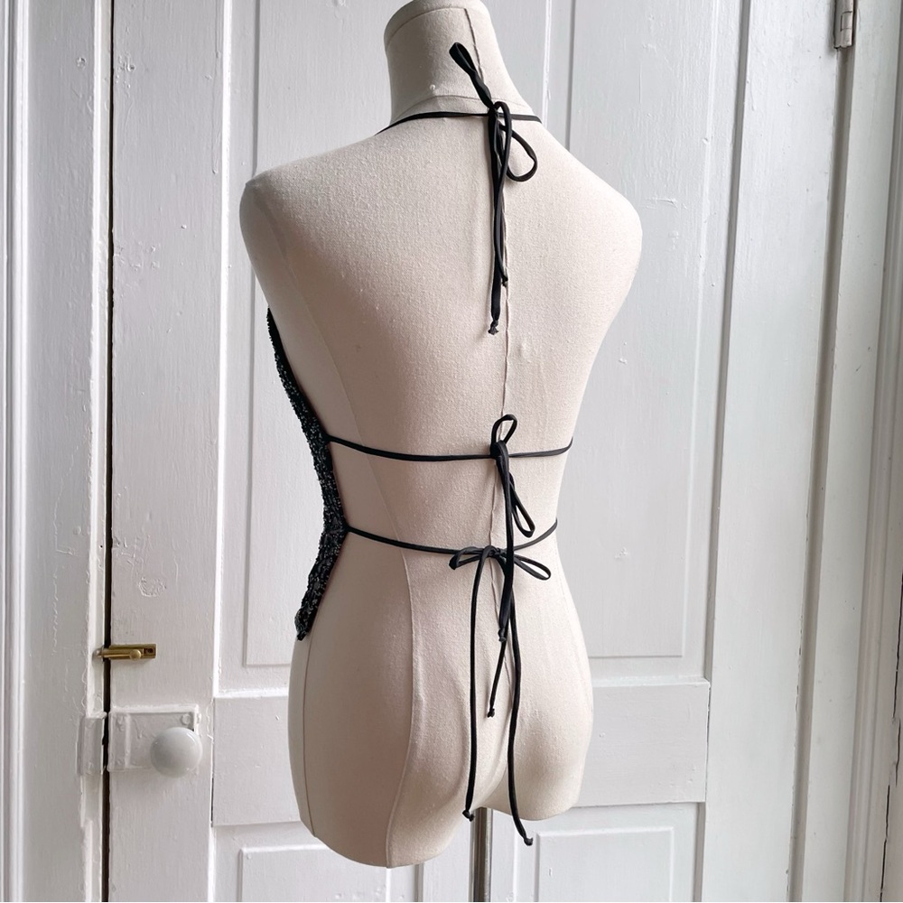 SOLD Vintage 90s/Y2K Beaded Sequin Sheer Mesh Open Back Tie Halter Top - Picture 4 of 7